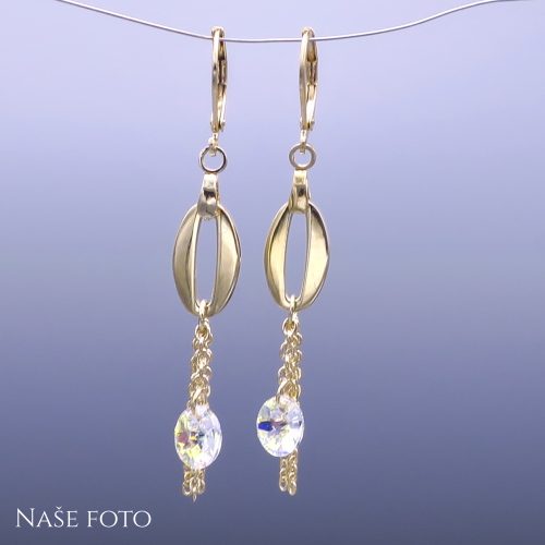 Visací pozlacené náušnice s oválky, řetízky a Swarovski crystal