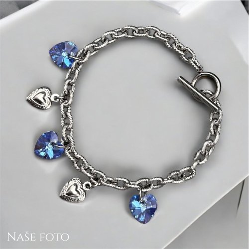 Lanový náramek z chirurgické oceli se srdíčky Swarovski - modrá měnící