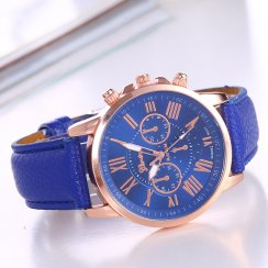 Dámské elegantní hodinky kožené tmavě modré s "chronografem"