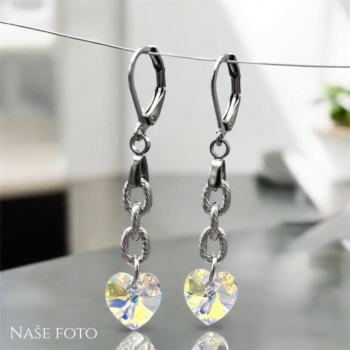Náušnice Swarovski srdíčka na řetízku z chirurgické oceli - Crystal AB