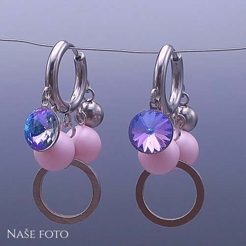 Náušnice z chirurgické oceli se Swarovski krystaly a perličkami – růžové
