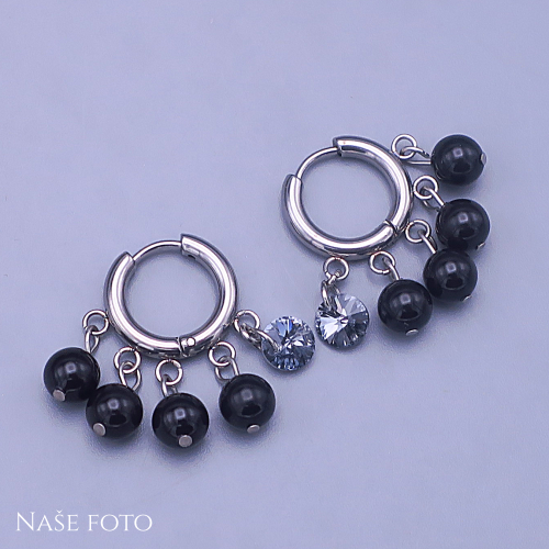 Náušnice z chirurgické oceli se Swarovski krystaly Silver Night a černými perličkami