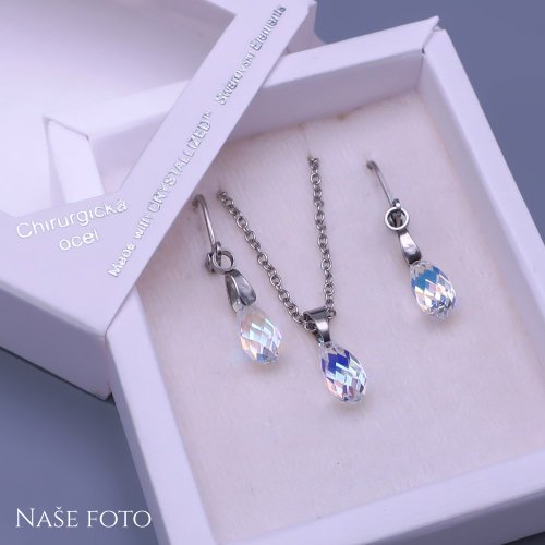 Jemná souprava Swarovski Briolette crystal AB 11mm z chirurgické oceli