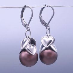 Náušnice Swarovski perle 12mm  se srdíčky - Brown