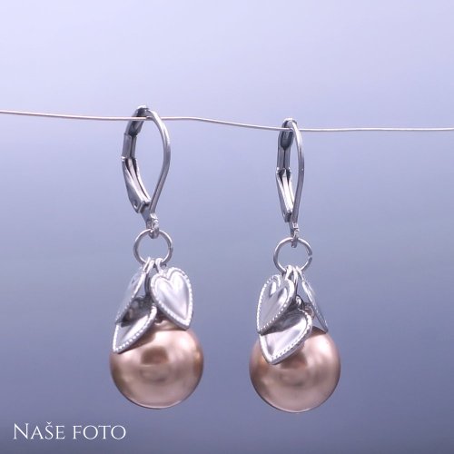 Náušnice Swarovski perle 12mm se srdíčky - Gold