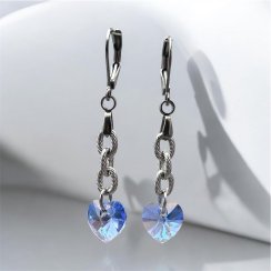 Náušnice Swarovski srdíčka na řetízku z chirurgické oceli - měnící modrá
