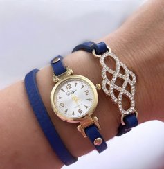 Dámské modré páskové hodiny s kamínkovým doplňkem