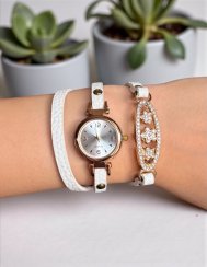 Dámske biele koženkové páskové hodinky