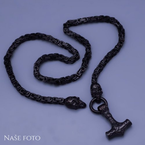 Luxusné čierny pánsky retiazka z chirurgickej ocele - Thórovho kladivo, lebka