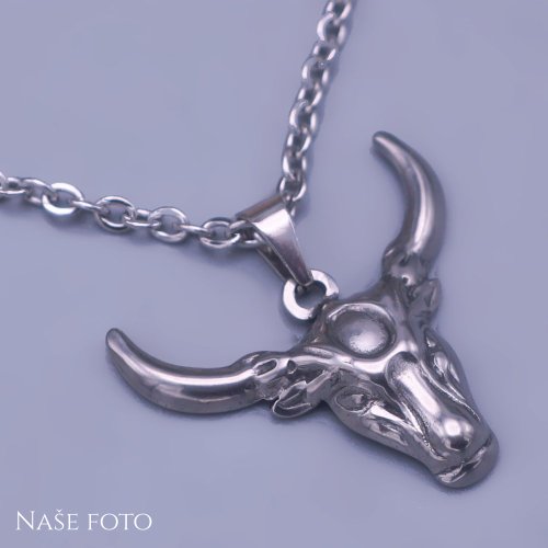 Přívěsek z chirurgické oceli - hlava býka s řetízkem
