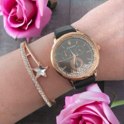 Luxusné dámske hodinky čierne s náramkom a čírymi kamienkami na ciferníku