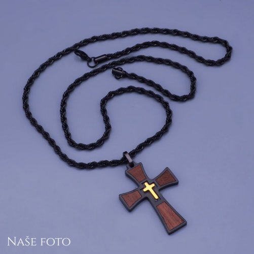Luxusní černý pánský řetízek s křížem z chirurgické oceli