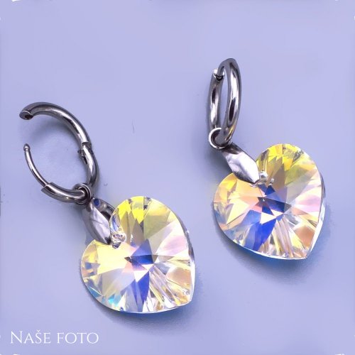 Náušnice velká srdíčka Swarovski 18mm AB na kroužku z chirurgické oceli