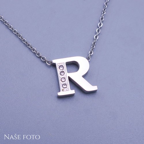 Krásný třpytivý přívěsek ve tvaru písmena "R" z chirurgické oceli