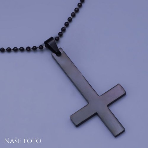Luxusní černý pánský řetízek s přívěskem z chirurgické oceli - obrácený kříž