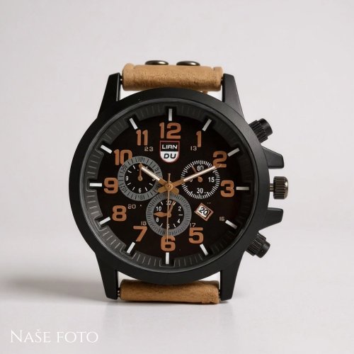 Pánské hodinky v černohnědém provedení s koženkovým páskem