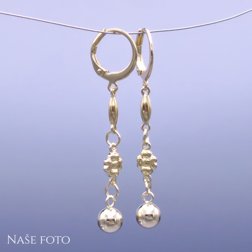 Visací pozlacené náušnice s oválkem, čtyřlístkem a kuličkou