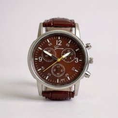 Pánske hodinky v hnedom prevedení s lesklým koženkovým remienkom