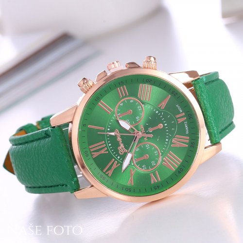 Dámské elegantní hodinky kožené zelené s "chronografem"