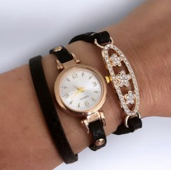 Dámské černé kožené páskové hodinky