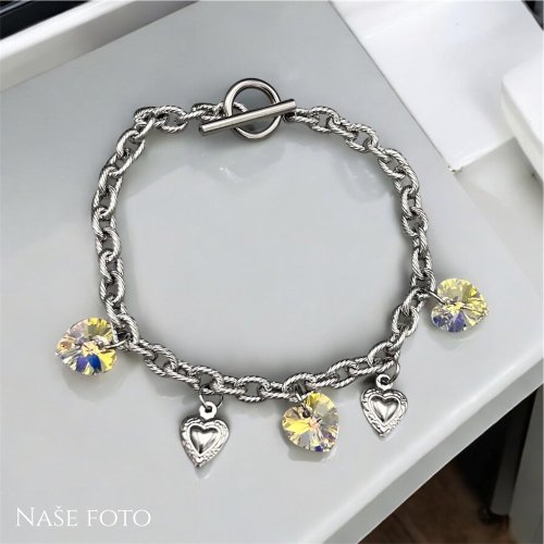 Lanový náramek z chirurgické oceli se srdíčky Swarovski - Crystal AB