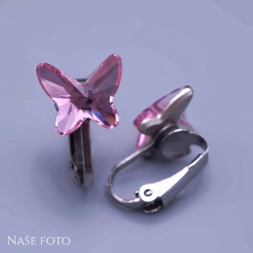 Náušnice klipsy z chirurgické oceli Swarovski růžový motýlci