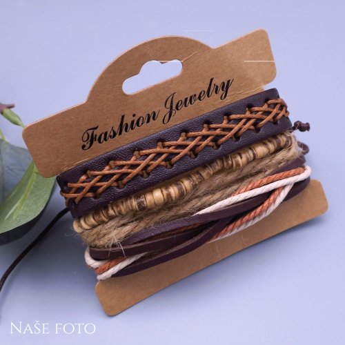 Boho pánská souprava kožených a dřevěných náramků
