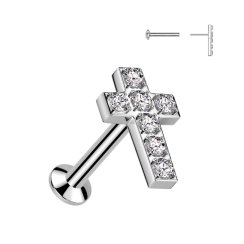 Piercing do ucha křížek se zirkony z chirurgické oceli