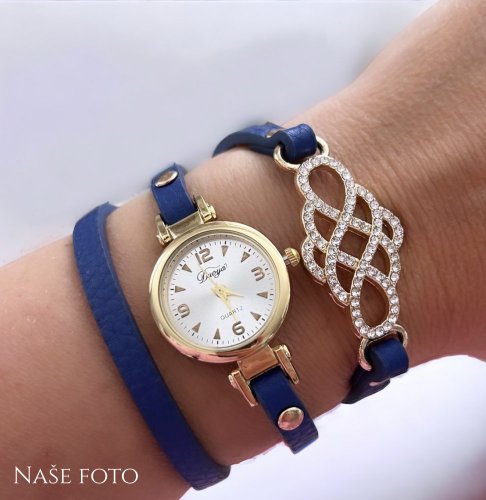 Dámske modré pásikové hodiny s kamienkovým doplnkom