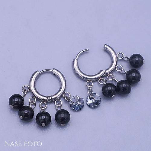 Náušnice z chirurgické oceli se Swarovski krystaly Silver Night a černými perličkami