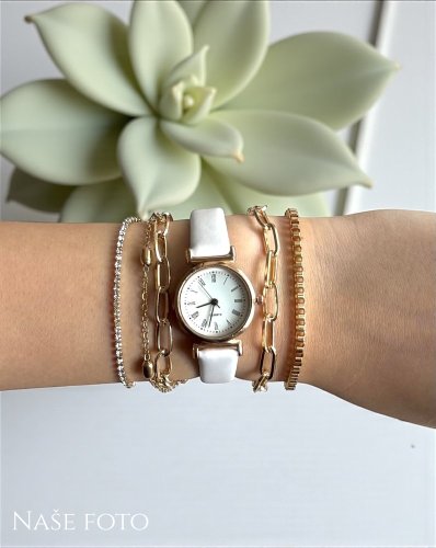 Dámský set – hodinky s náramky v barvě zlata a bílé