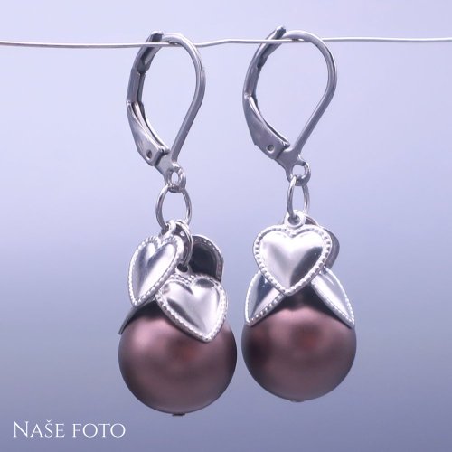 Náušnice Swarovski perle 12mm  se srdíčky - Brown