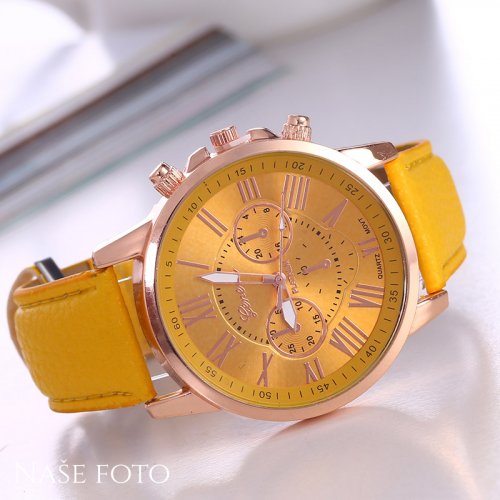 Dámské elegantní hodinky kožené žluté s "chronografem"