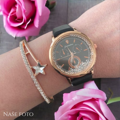Luxusní dámské hodinky černé s náramkem a čirými kamínky na ciferníku