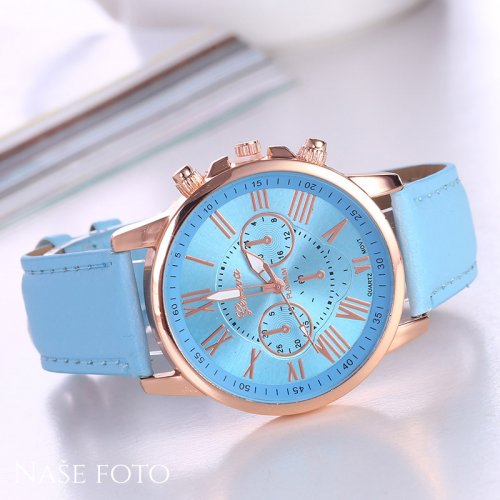 Dámske elegantné hodinky kožené modré s "chronografom"
