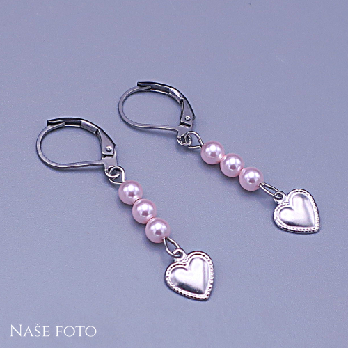Dětské náušnice srdíčka s růžovými Swarovski® perličkami – chirurgická ocel