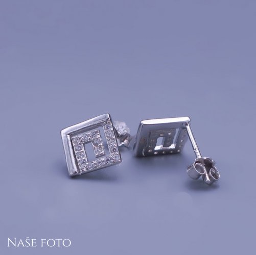 Luxusní dámské stříbrné náušnice - čtverečky s kamínky
