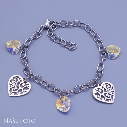 Náramek z chirurgické oceli se srdíčky 10mm Swarovski Crystal AB ( měnící )