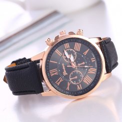 Dámske elegantné hodinky kožené tmavo čierne s "chronografom"