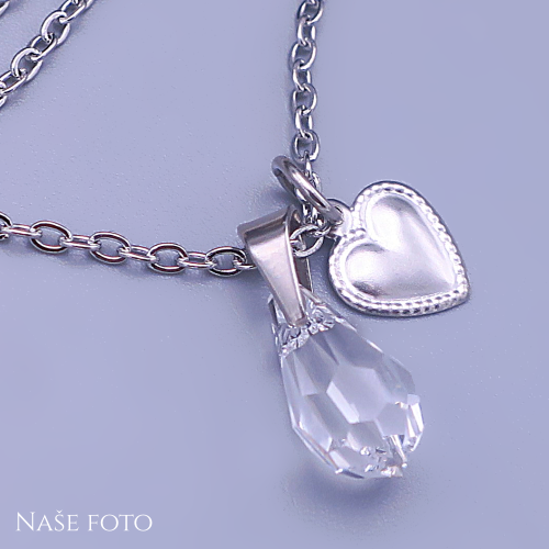 Náhrdelník z chirurgické oceli se srdíčkem a čirou Swarovski slzou