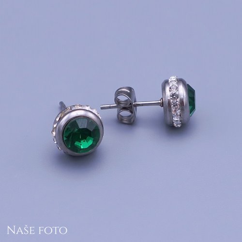 Puzetové náušnice z chirurgickej ocele so zirkónmi emerald