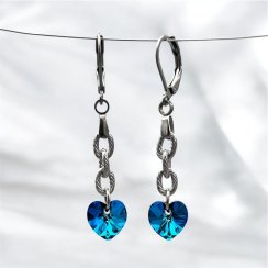 Náušnice Swarovski srdíčka na řetízku z chirurgické oceli - Bermuda blue