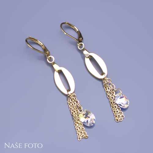 Visací pozlacené náušnice s oválky, řetízky a Swarovski crystal
