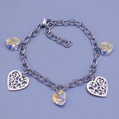 Náramek z chirurgické oceli se srdíčky 10mm Swarovski Crystal AB ( měnící )